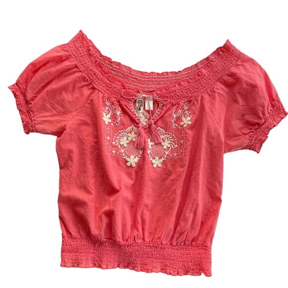 Embroidered Lightweight Cotton Cottage Blouse Bare Shoulder Red Boho Size Large - Picture 4 of 4